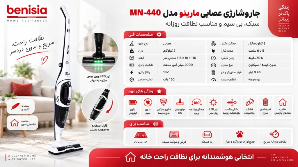 جارو شارژی عصایی مارینو مدل MN-440